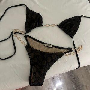 Gucci Black Sheer Monogram Bikini with Gold Chain Accents